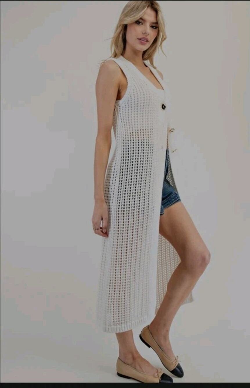 Anthropologie Flat White Womens Maxi Sweater Vest One Size Ivory Boho Festival